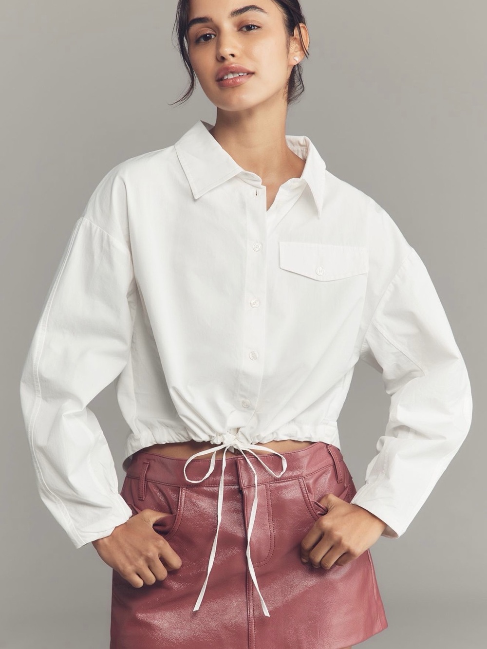 Maeve Cinched Waist White Drawstring Crop Button-Down Shirt